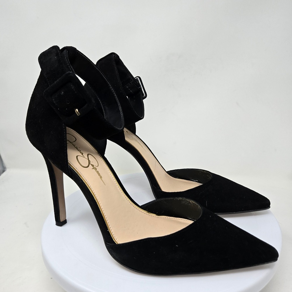 Jessica Simpson‎ Black Suede Ankle Strap Camby Pointed Toe Pumps Heels 9.5M